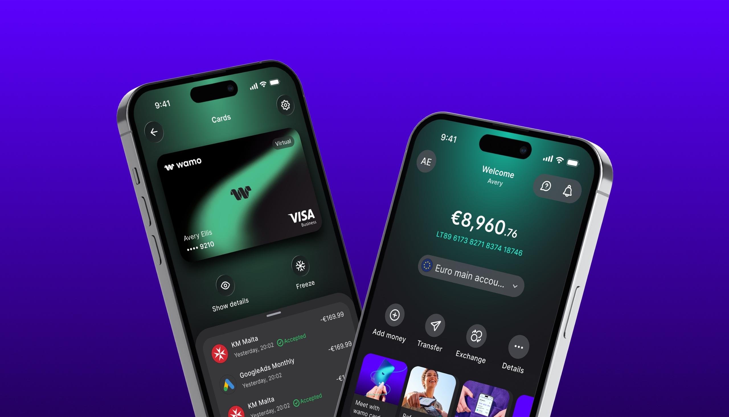 Two iPhones showing the redesigned wamo app: a Visa business card on the Cards screen, and the Dashboard with balance, IBAN and quick actions