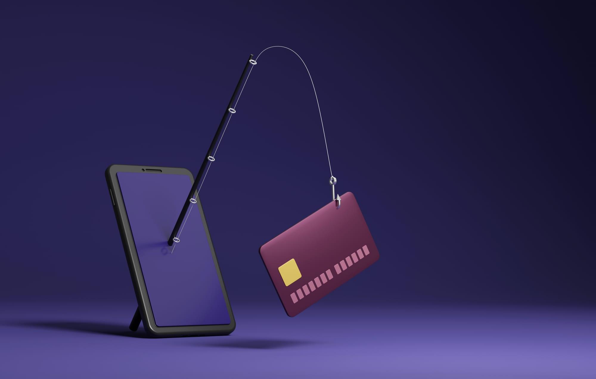 Illustration of a fishing rod coming out of a smartphone screen with a payment card caught on its hook