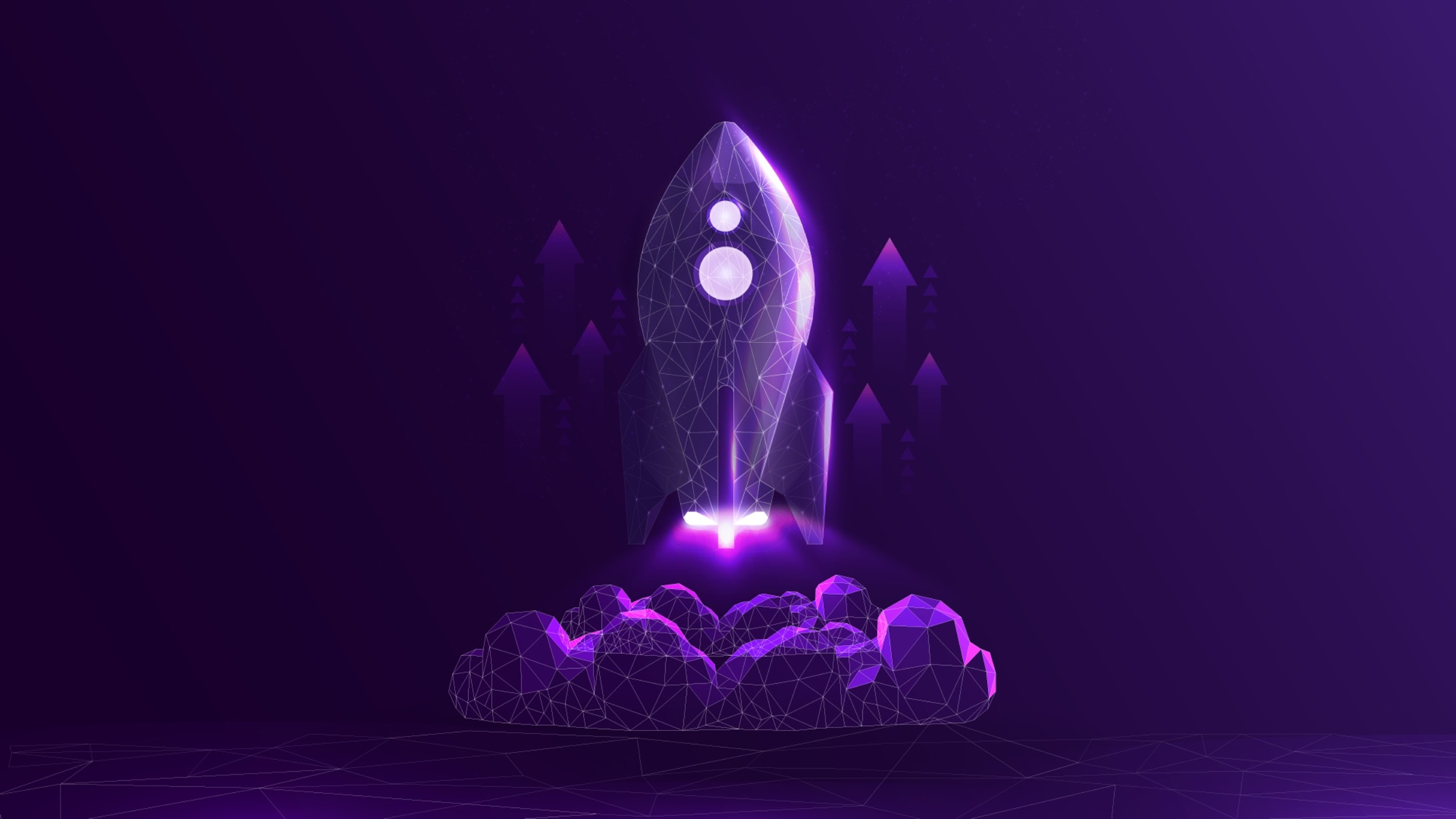 Low-poly wireframe rocket lifting off against a glowing purple gradient, with upward-pointing arrows in the background
