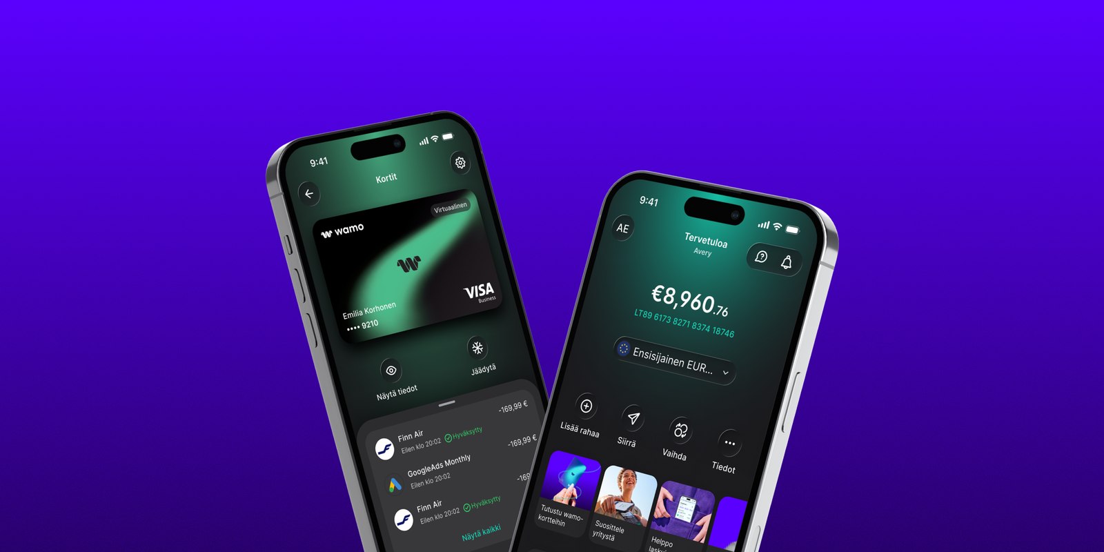 Kaksi iPhonea, joissa näkyy uudistettu wamo-sovellus: Visa-yrityskortti Kortit-näkymässä sekä etusivu saldon, IBAN:n ja pikatoimintojen kanssa