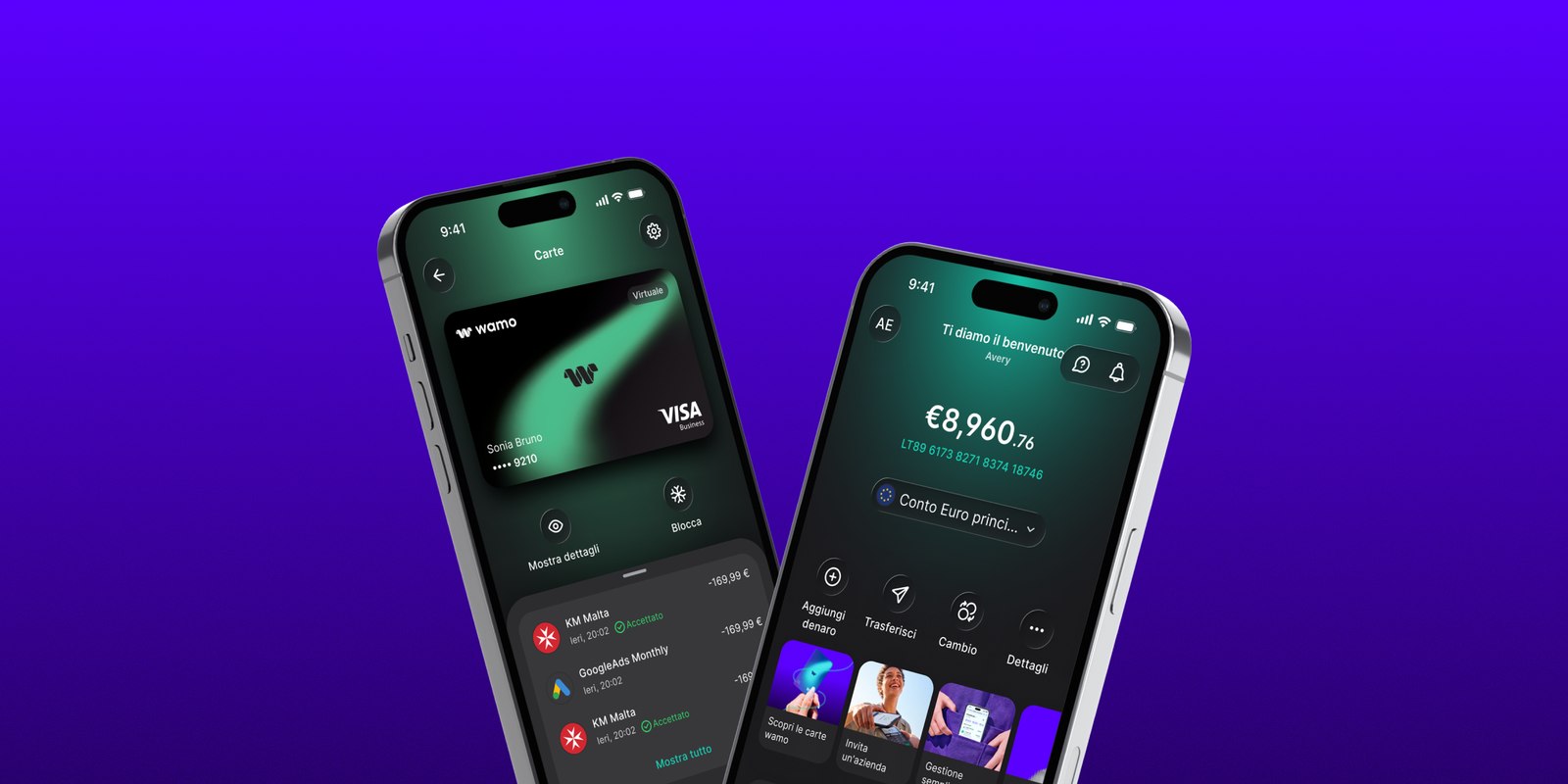 Due iPhone che mostrano la nuova app wamo: una carta Visa Business nella schermata Carte, e la Panoramica con saldo, IBAN e azioni rapide