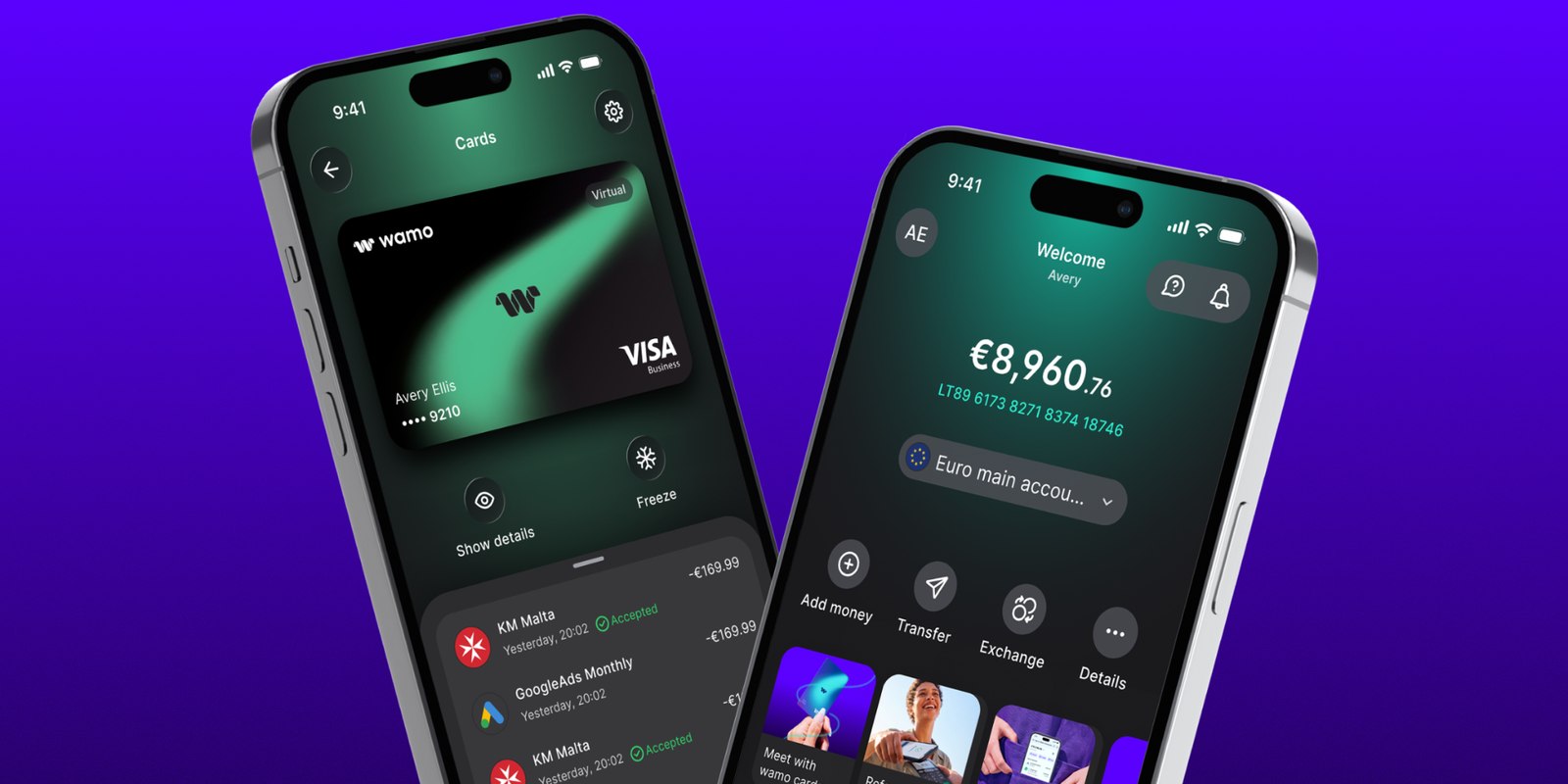 Two iPhones showing the redesigned wamo app: a Visa business card on the Cards screen, and the Dashboard with balance, IBAN and quick actions