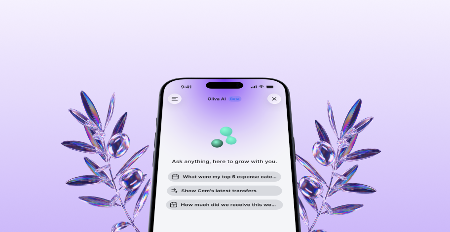 The Oliva AI screen inviting 'Ask anything, here to grow with you', with suggested questions about expense categories and transfers, framed by illustrated olive branches